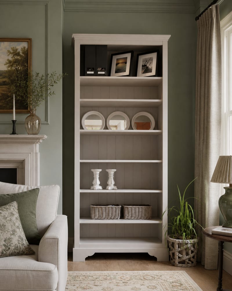 Tall cream painted bookcase with six open shelves and a tongue and groove back, styled with framed prints, magazine files, plates, candlesticks and wicker baskets, against a sage green wall beside a fireplace