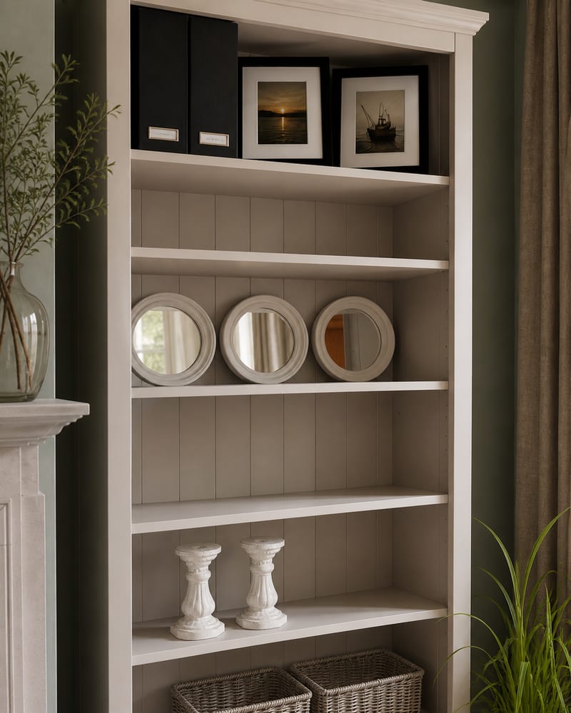 Close view of the upper shelves of the painted pine bookcase, showing the moulded cornice, tongue-and-groove back panel, black magazine files, two framed coastal photographs and three round white-framed mirrors