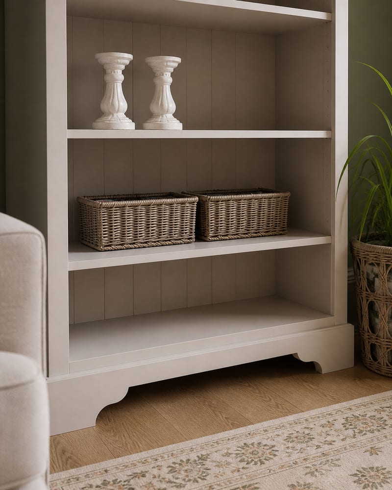 Lower shelves of the handmade bookcase holding two woven wicker storage baskets and a pair of ceramic candlesticks, showing the shaped bracket plinth above a light oak floor