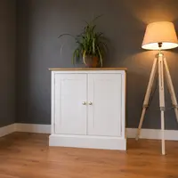 Compact white painted two door sideboard with a solid oak top, standing against a dark grey wall beside a wooden tripod floor lamp with a trailing plant on top