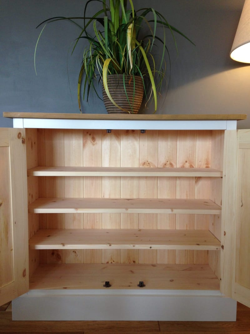 The 3ft sideboard photographed with both doors open, revealing three natural pine shelves and a tongue-and-groove pine back panel beneath the solid oak worktop