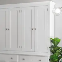 The upper section of the Welsh dresser with its four tall panelled doors and moulded cornice, lit by a brass globe pendant beside a fiddle leaf fig
