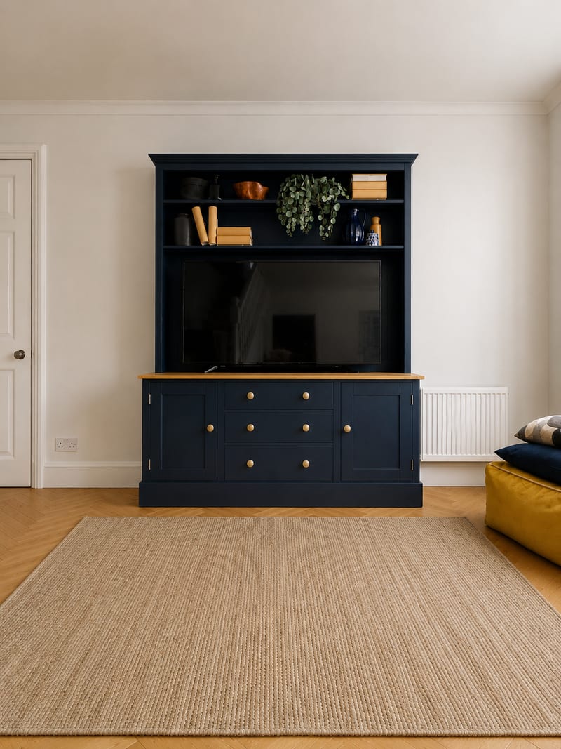 Navy blue painted 5ft TV media dresser with an open display shelf above the television, a solid oak worktop, and three drawers between two cupboards below, on herringbone flooring