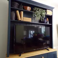 Angled view of the navy media unit showing the moulded cornice, two shelves styled with books, a trailing plant and pots, and the television standing on the oak worktop above brass knobs