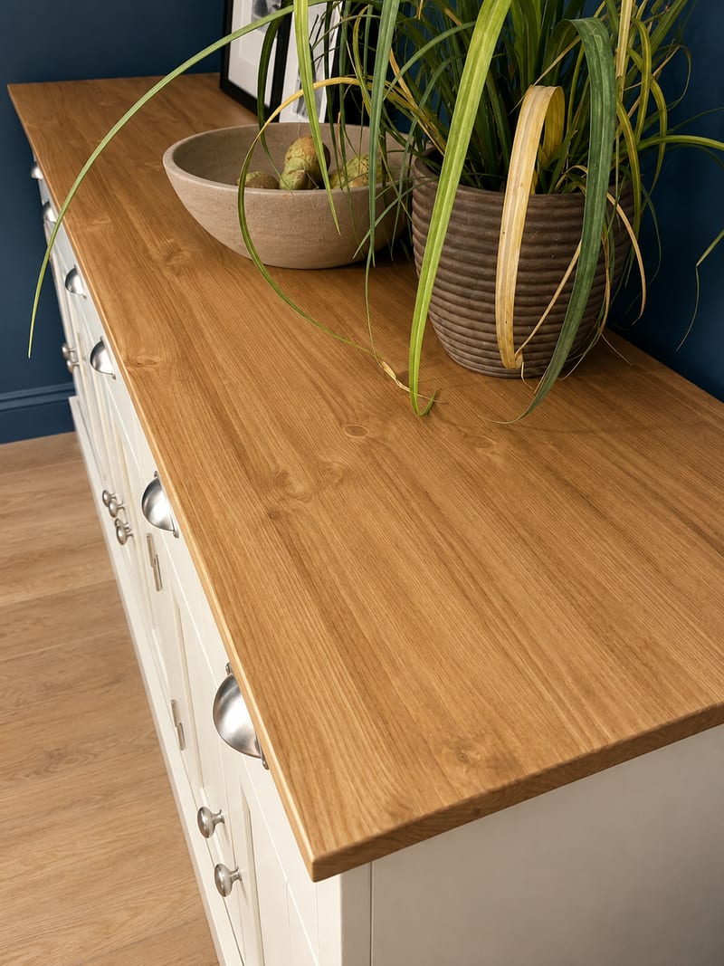High view down onto the oak top of the cream painted sideboard, showing the grain and thick square edge beside a stone bowl and a ribbed plant pot, with cup handles below at the left