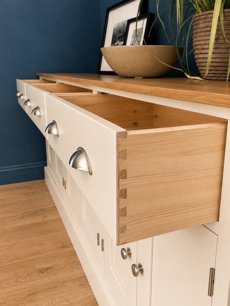 Angled view with all three drawers pulled open, showing the solid oak drawer boxes and hand-cut dovetail joints against the cream painted fronts and their brushed nickel cup handles