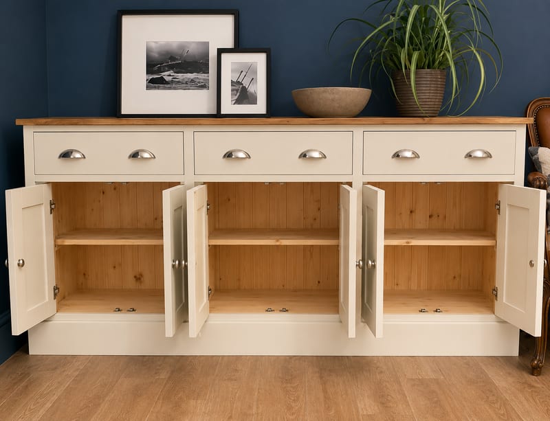 All six cupboard doors opened on the cream painted sideboard, revealing three bays of natural pine with a shelf in each and tongue-and-groove backs, framed prints and a plant on the top