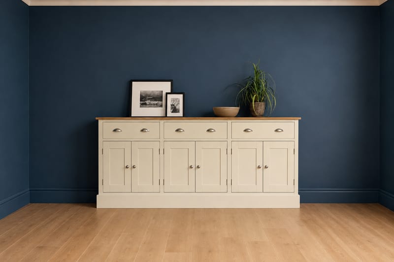 Cream painted 6ft sideboard with a solid oak top, three drawers with cup handles above six shaker doors, set against a deep blue wall with framed prints, a wooden bowl and a plant on top