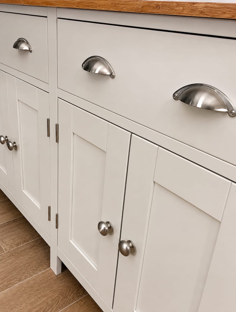 Close view of the drawer fronts and cupboard doors of the cream painted sideboard, showing brushed nickel cup handles, round nickel knobs and the oak top edge above wood-effect tiled flooring
