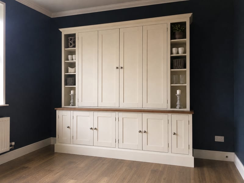 Cream painted 7ft media dresser with bifolding doors closed across the top, open display shelves at each end, a solid oak worktop and six cupboard doors below, against a navy wall
