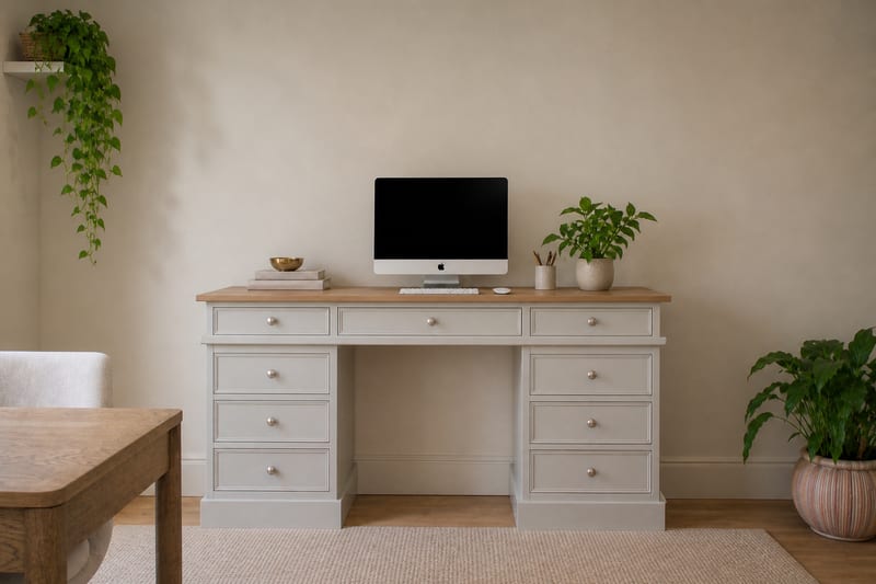 Grey painted pedestal desk with a solid oak top and nine drawers, an iMac, books and a plant on top, with a boucle chair and a jute rug in a pale room
