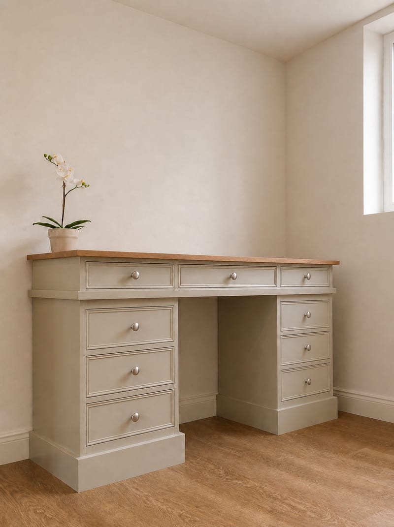 Angled view of the twin pedestal desk in a corner, showing the oak top, three frieze drawers, six pedestal drawers with satin nickel knobs and a white orchid standing on the left end
