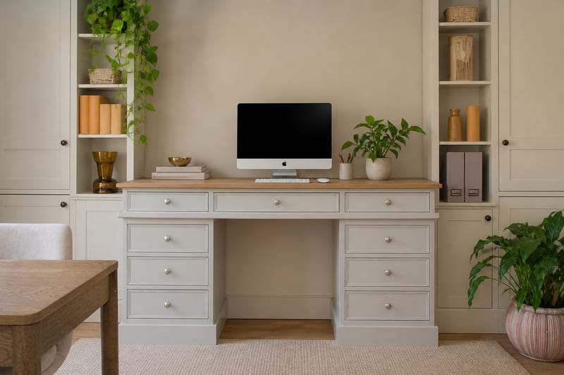 Front view of the grey painted desk between two tall cabinets with open shelves, showing its oak top dressed with an all-in-one computer, a brass bowl, stacked books and a leafy plant