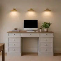 The desk seen straight on beneath three lit brass picture lights, showing its oak top, nine drawers with round satin nickel knobs and the trailing ivy on a shelf to the left