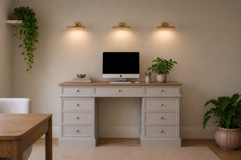 The desk seen straight on beneath three lit brass picture lights, showing its oak top, nine drawers with round satin nickel knobs and the trailing ivy on a shelf to the left