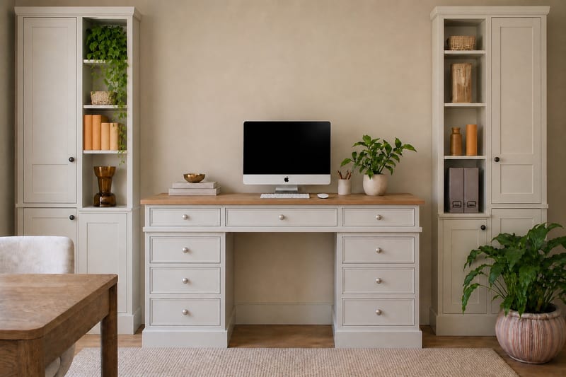 Wide view of the desk on a natural fibre rug between two tall painted cabinets with open shelves and panelled doors, set against a plain putty coloured wall with an upholstered chair in front