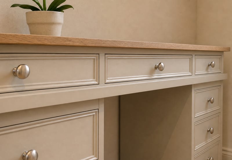 Close view of the three frieze drawers, showing the moulded beading around each front, the satin nickel knobs and the square edge of the oak top with a stone plant pot resting on it