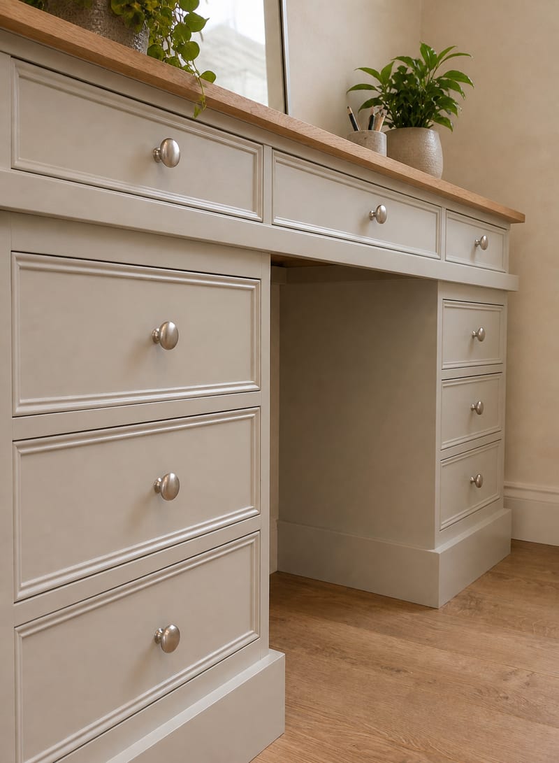 Angled detail from the left of the desk, looking along the frieze drawers to the open kneehole, the right hand pedestal drawers and the stepped plinth on a wood plank floor