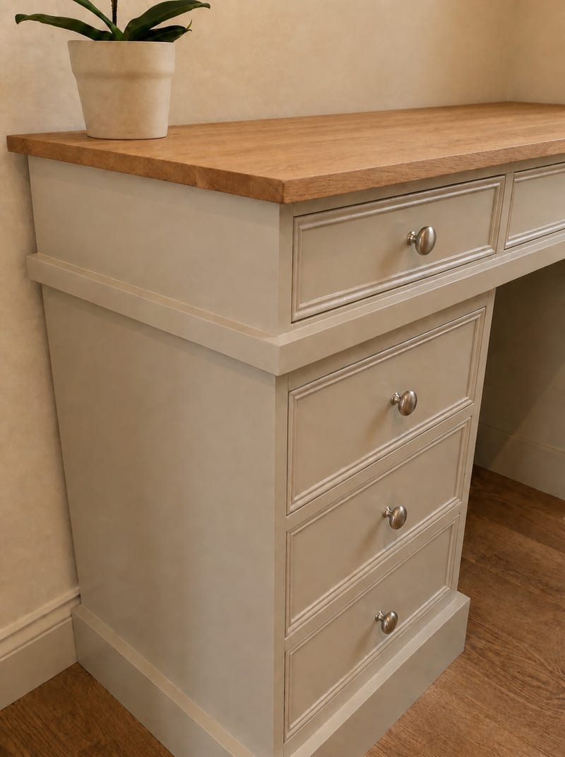 Corner view of the left pedestal, showing the thick oak top, one frieze drawer above and three graduated drawers below, each with a round satin nickel knob and moulded surround