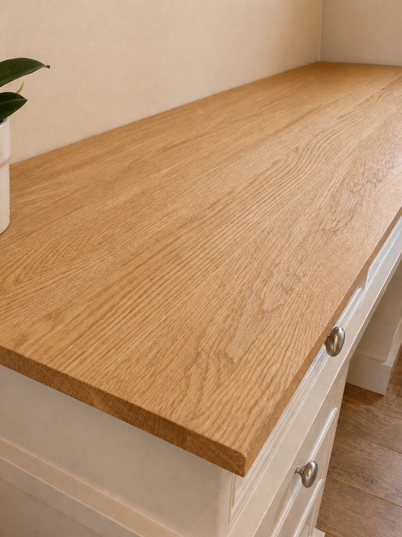 Close-up along the oak top, showing the open grain, medullary flecks and softly rounded edge, with a plant pot at the far end and two satin nickel drawer knobs below