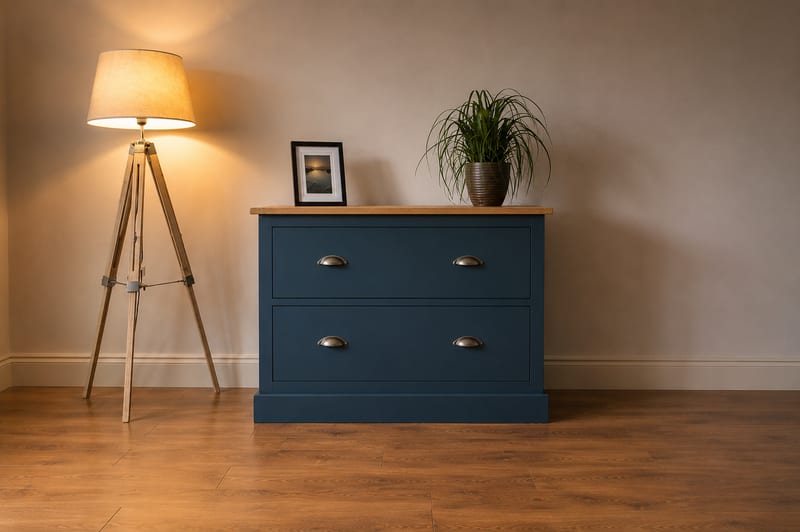 Navy blue painted two drawer sideboard with a solid oak top and cup handles, lit by a wooden tripod floor lamp with a framed print and a plant on top