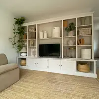 View of the media wall from across the room, showing its low proportions against a tall pale wall, the trailing pothos at one end and a beige armchair beside the jute rug