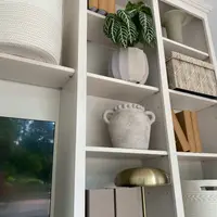 Looking up at the shelving beside the television, showing a zebra plant in a white pot, a stone urn, tan-spined books, a brass dome lamp and a woven lidded box on the off-white shelves