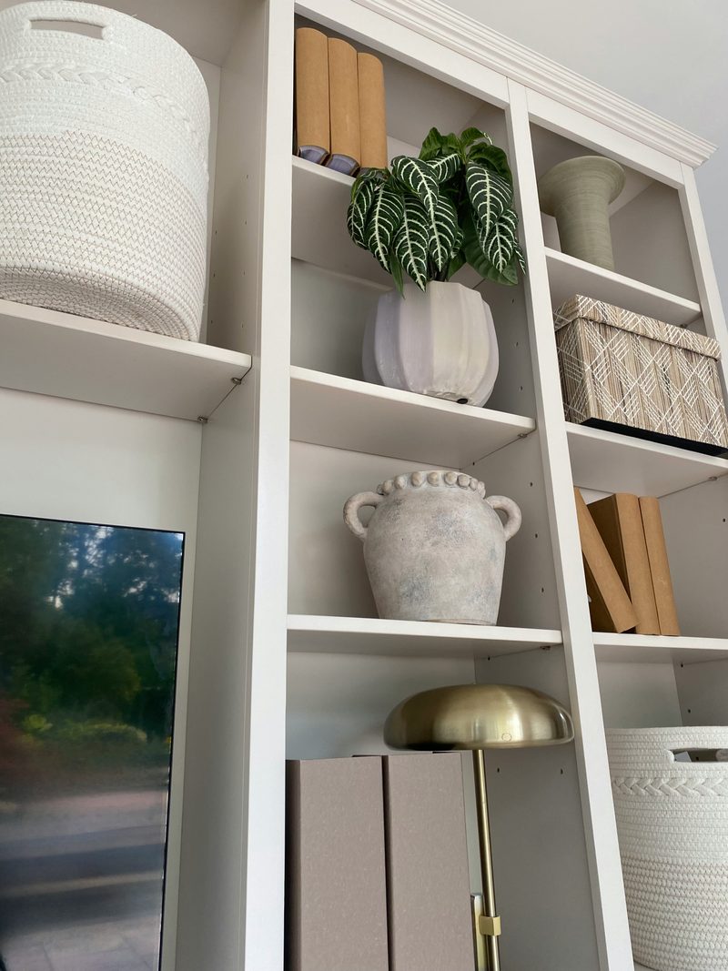 Looking up at the shelving beside the television, showing a zebra plant in a white pot, a stone urn, tan-spined books, a brass dome lamp and a woven lidded box on the off-white shelves