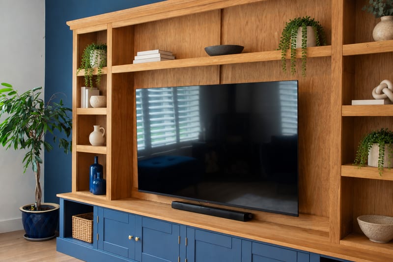 Close view of the left-hand side of the unit, showing the oak shelves with blue glass vases, a stoneware jug and trailing plants beside the television recess