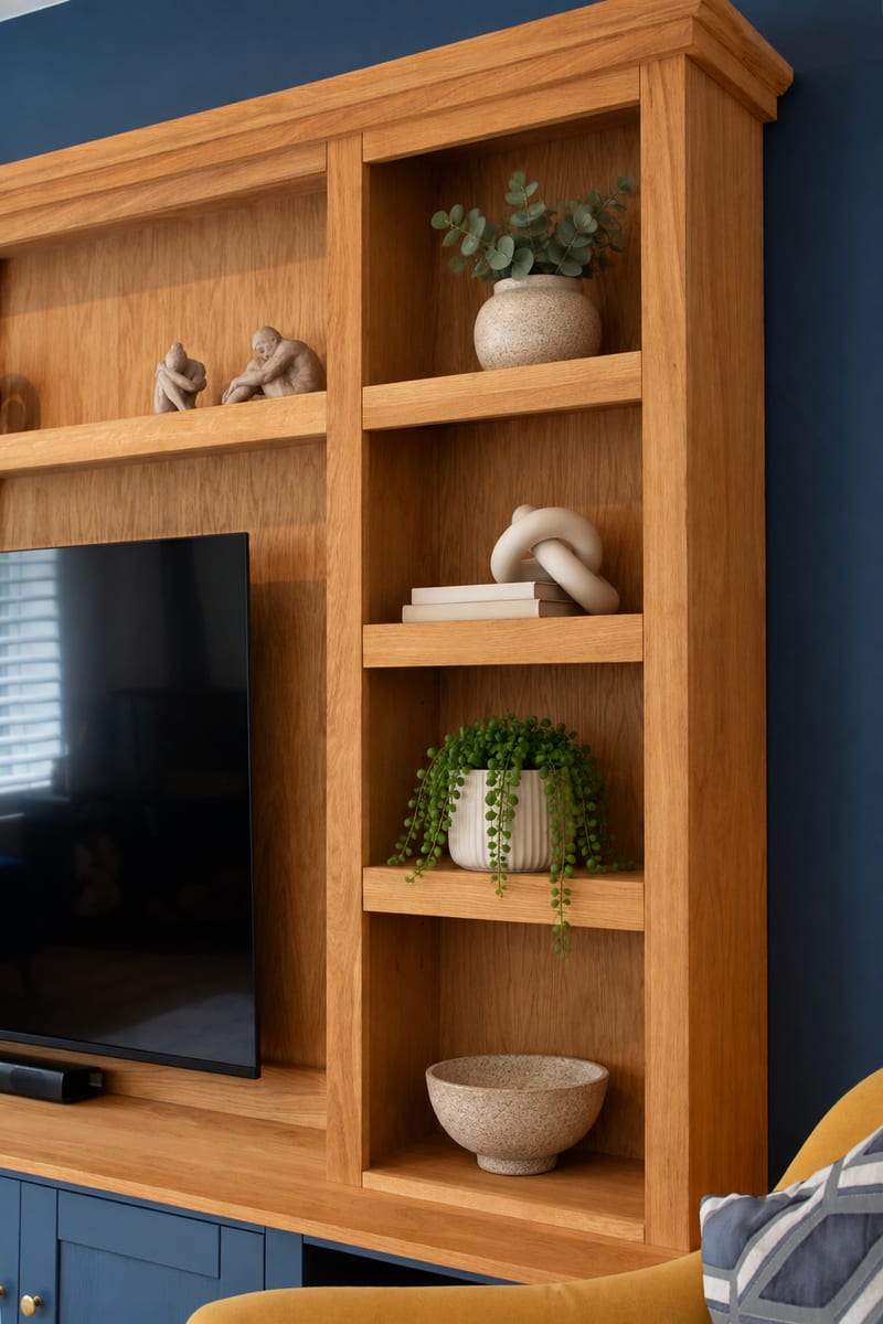 Detail of the right-hand oak bookcase, its adjustable shelves holding a eucalyptus vase, a knot ornament on books, a trailing plant and a stone bowl