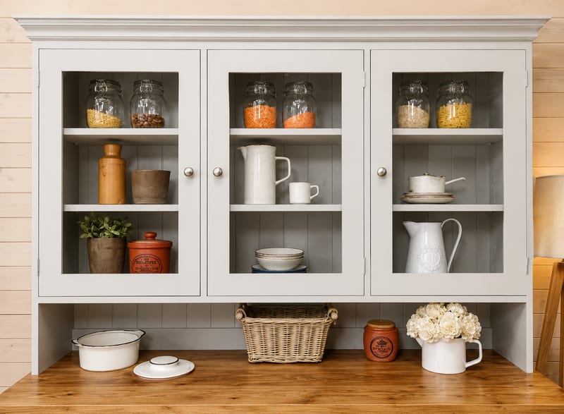 Close view of the glazed upper section, showing three doors, grey tongue-and-groove backing, storage jars, white jugs and the open shelf recess above the oak top holding a wicker basket