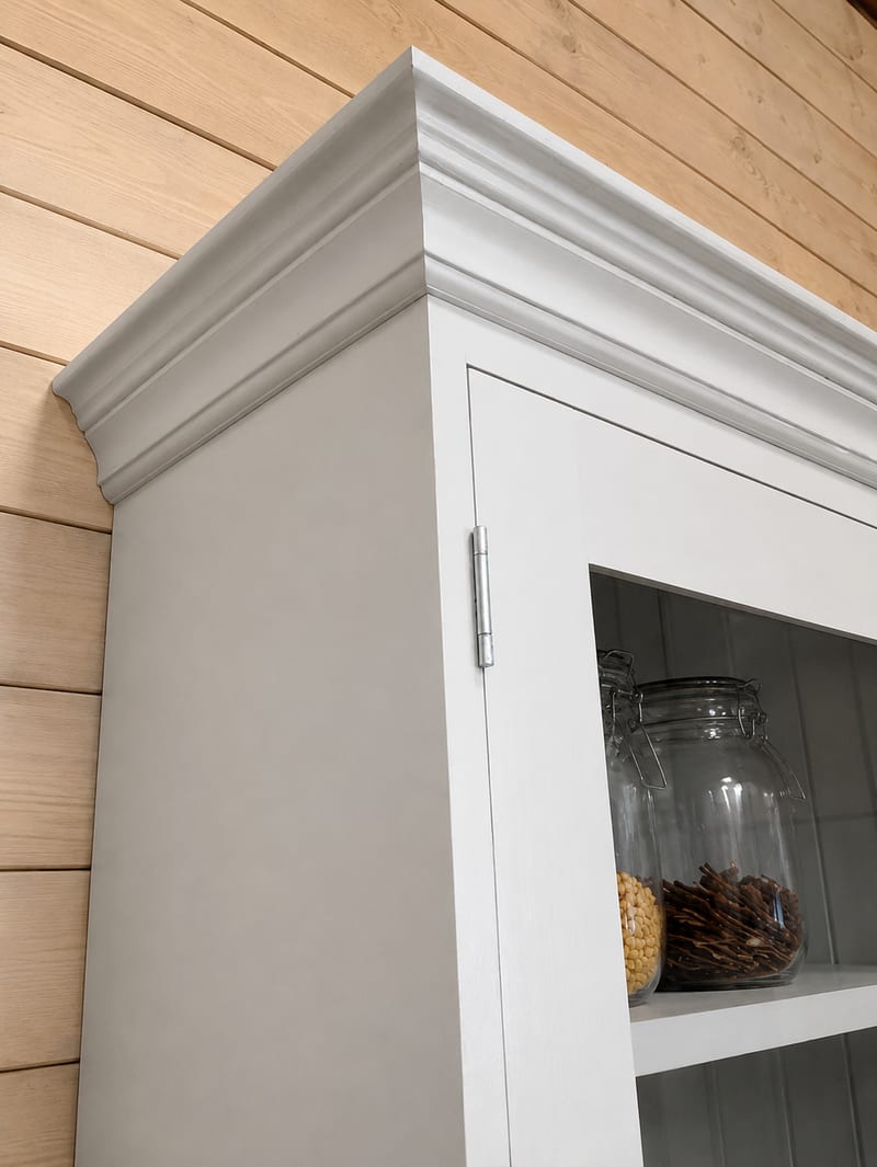 Corner detail of the moulded cornice on the painted dresser top, showing the layered mouldings, the door hinge and glass panel with a jar of dried sticks on the shelf behind