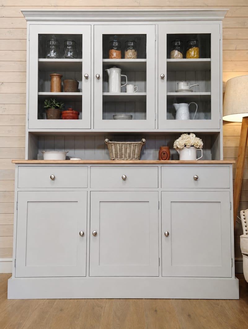Full front view of the grey painted dresser with three glazed upper doors, an open display shelf, three drawers and three cupboard doors below a light oak top with brushed nickel knobs