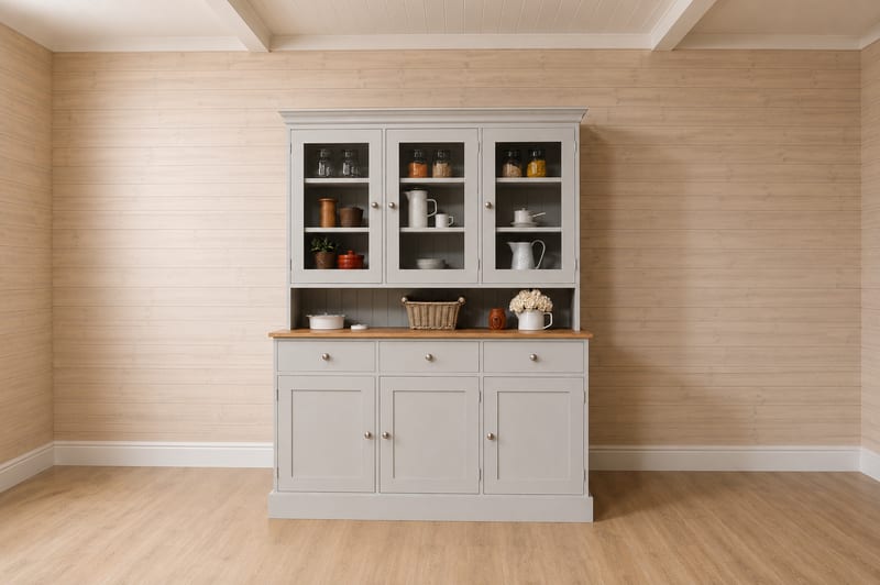 Wide room view of the grey dresser standing against a pale timber clad wall, showing the glazed top, oak worktop and plinth base on a light wood floor in an empty styled room