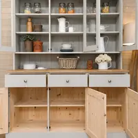 Front view with every door open, showing the grey painted upper shelves and the natural unpainted pine interior of the base cupboards below three painted drawers with brushed nickel knobs