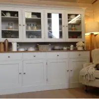Pale grey painted 7ft Barford Welsh dresser with four glazed upper doors above an open plate shelf, an oak worktop, four drawers and four cupboard doors, in a timber lined room