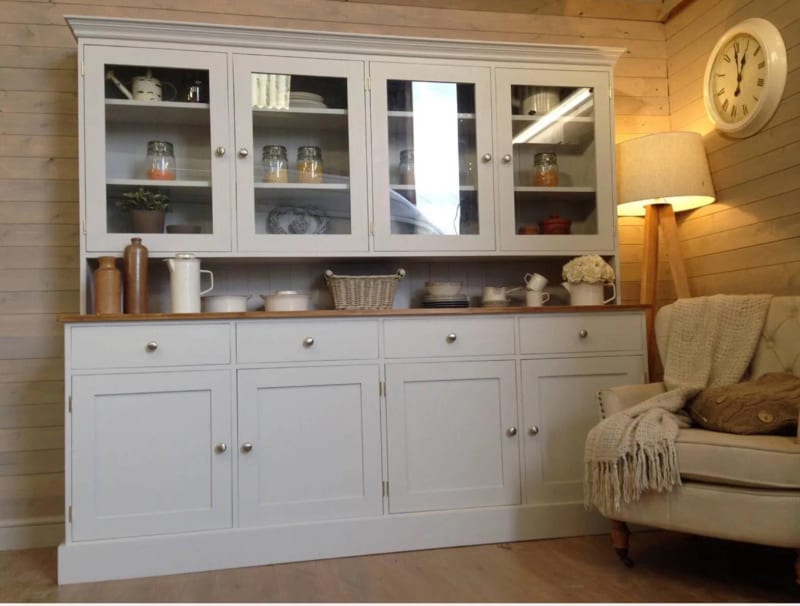 Pale grey painted 7ft Barford Welsh dresser with four glazed upper doors above an open plate shelf, an oak worktop, four drawers and four cupboard doors, in a timber lined room