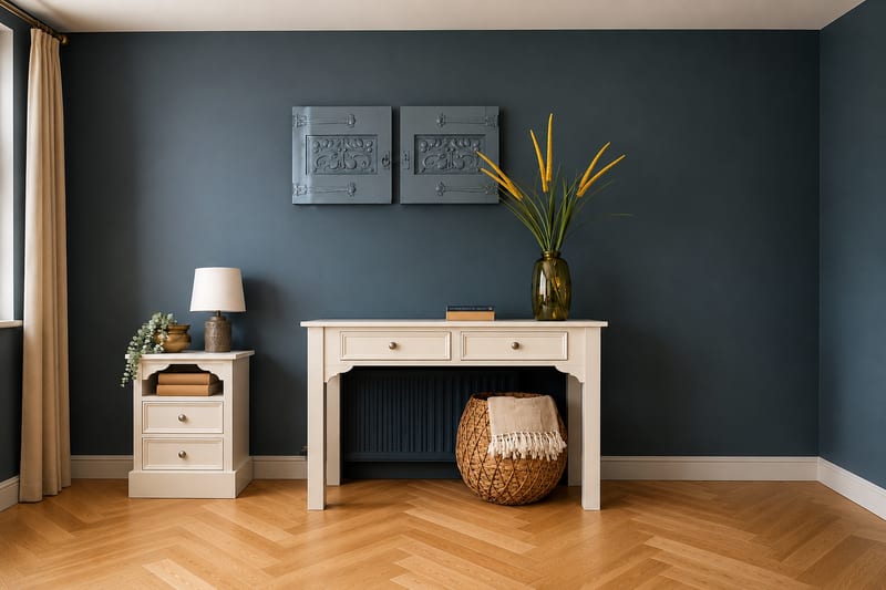 Cream painted Carlton dressing table with two drawers and shaped corner brackets on herringbone oak flooring, against a deep blue wall with a woven basket tucked underneath