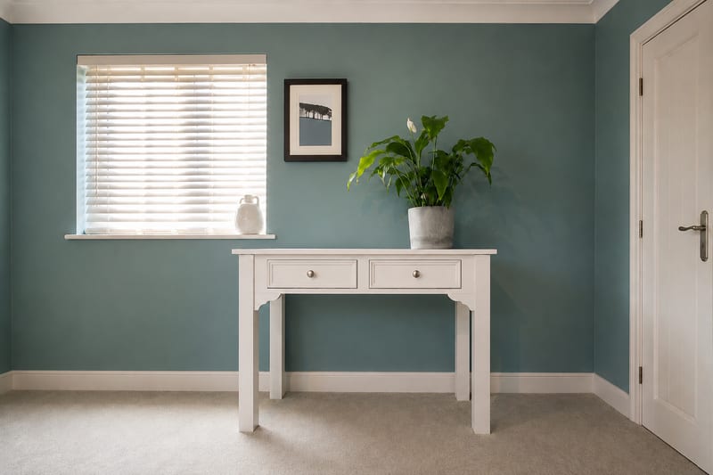 Full front view of the white painted dressing table with two drawers and chrome knobs, standing on beige carpet against a teal wall below a framed print with a peace lily on top