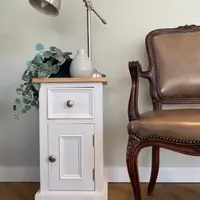 Cream painted Carlton small bedside cabinet with a solid oak top, one drawer above a panelled cupboard door, styled with a vase and trailing plant beside a leather armchair