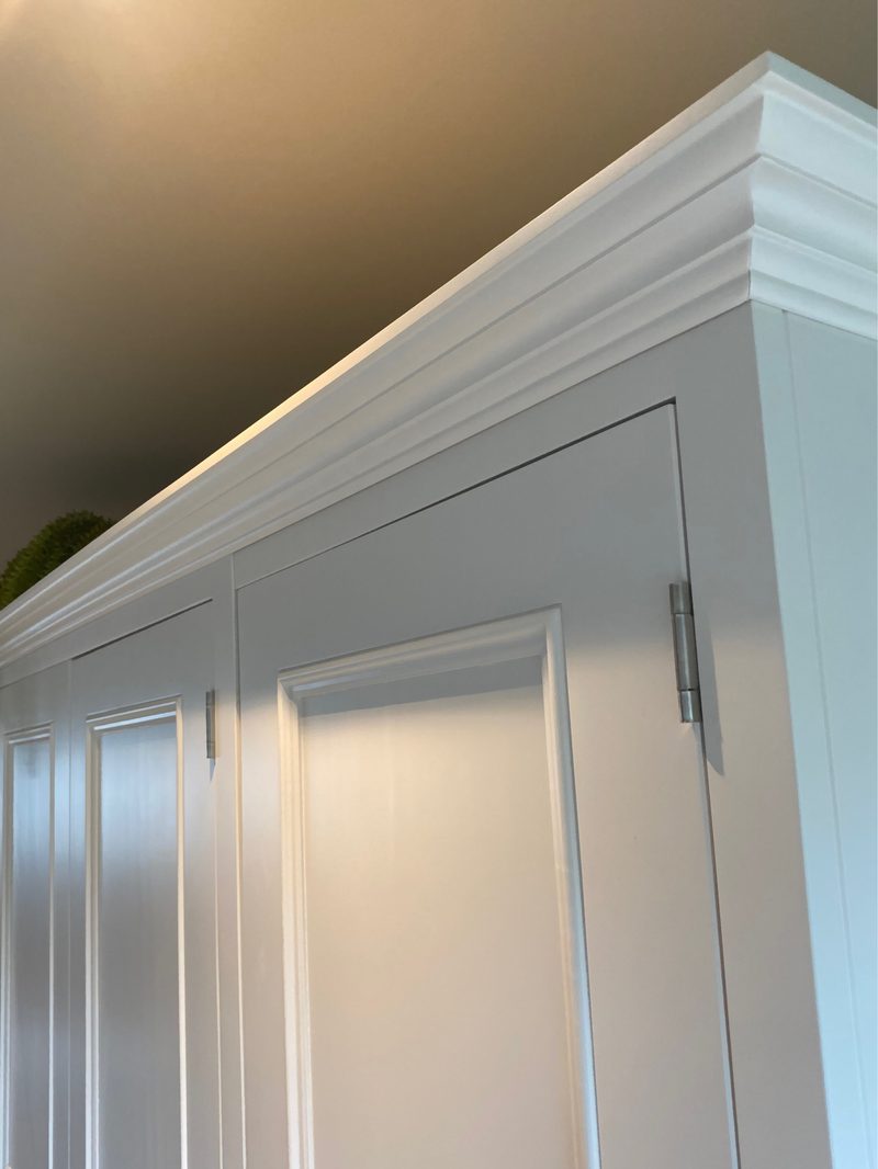 Low angle detail of the moulded cornice running above the doors, with a brushed steel butt hinge on the outer stile and the painted side panel turning the corner