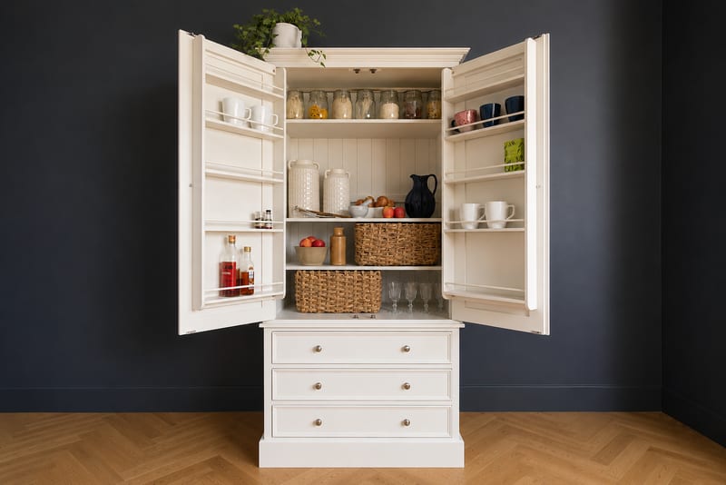 Cream painted larder cupboard opened to show spice racks on the doors and shelves of glassware, jars, jugs and wicker baskets inside, above three drawers, against a dark navy wall