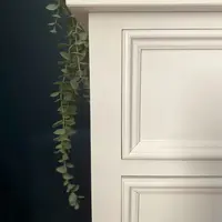 Close view of the top left corner of the off-white chest, showing the overhanging top edge, moulded drawer fronts and a trailing eucalyptus stem against the dark navy wall