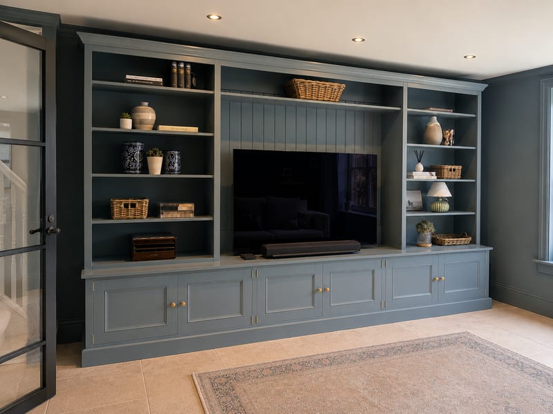 View past a black steel-framed internal door with the staircase visible through its glass, looking across the tiled floor to the shelving, television recess and brass-knobbed cupboards