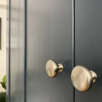 Macro view of the two round brushed nickel knobs on the central pair of doors, showing the shallow gap between them and the flat panelled navy painted fronts